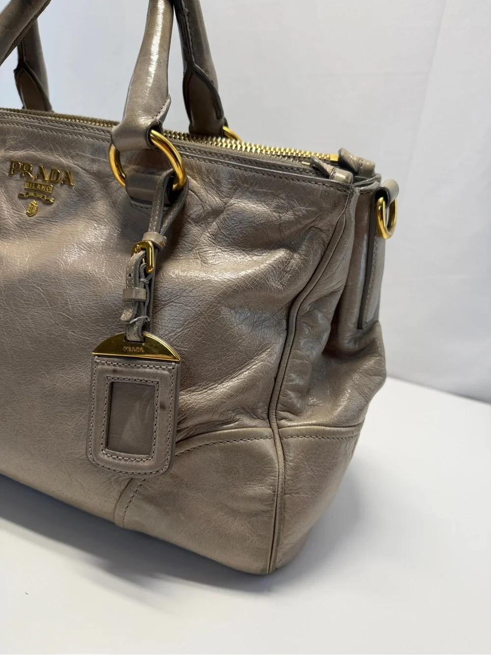 Prada Metallic Taupe Leather Satchel with Gold Hardware
